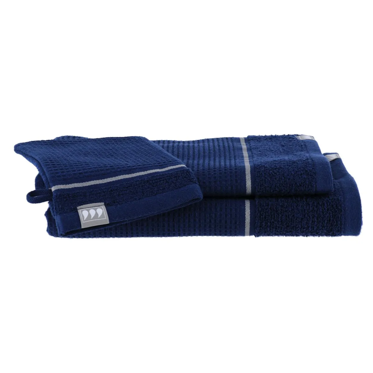TENDANCE Lot de serviettes de bain 50x90 cm + 70x130 cm + 1 gant de toilette Japandi et argent Bleu marine Outlet