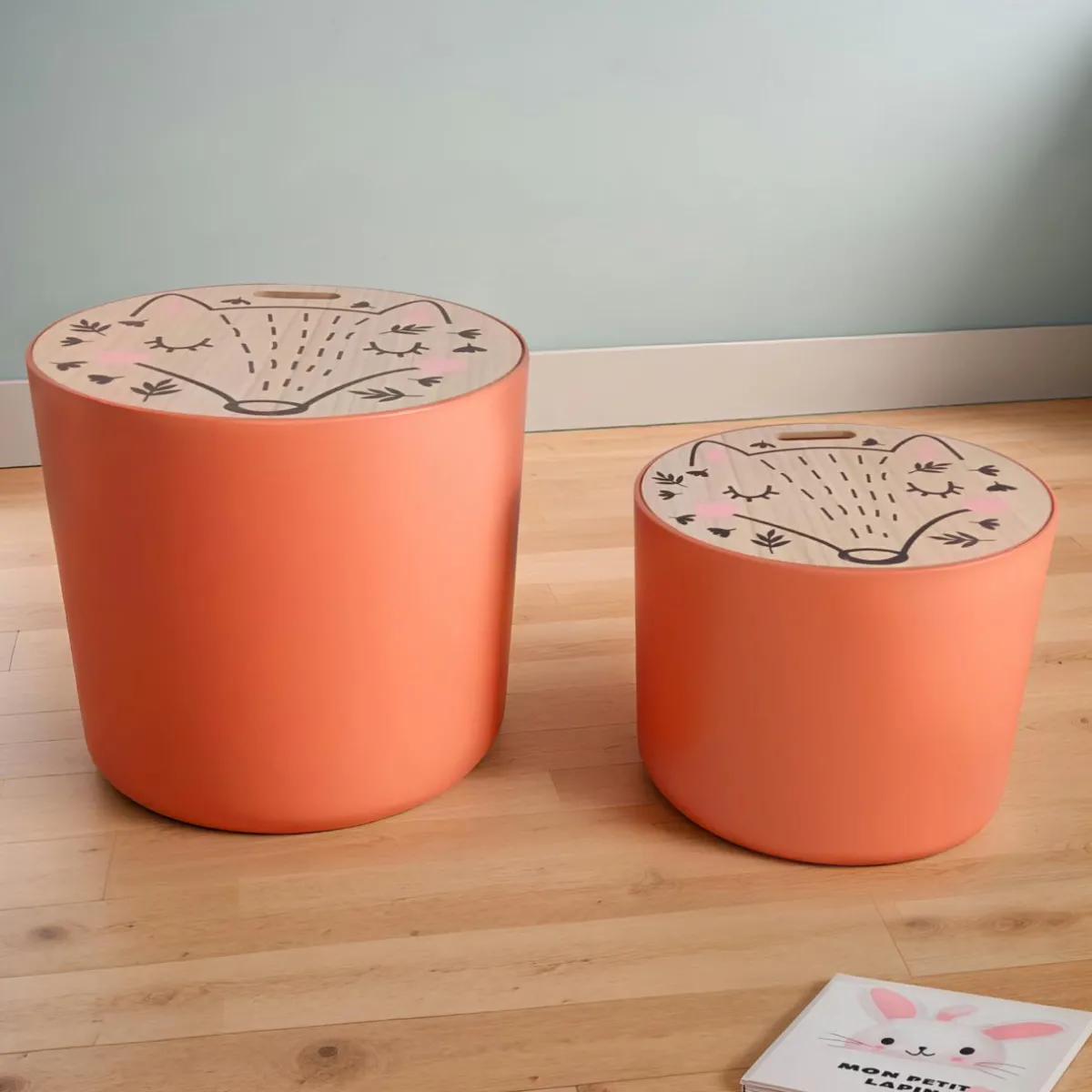 EMINZA Lots de 2 poufs de rangement gigognes enfant bois (H31 et 24 cm) Renardeau Terracotta Outlet