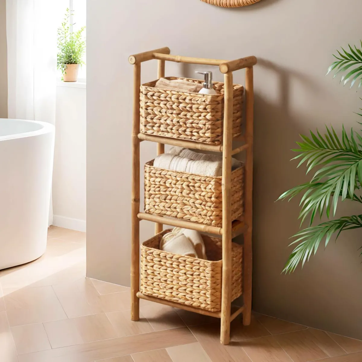 TENDANCE Meuble 3 paniers bambou et jacinthe d'eau (39 x H91 cm) Hanoï Naturel Best