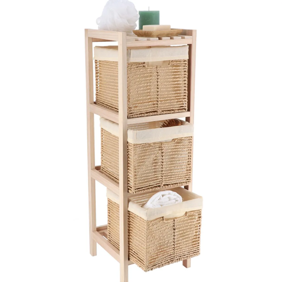 TENDANCE Meuble de rangement 3 paniers (H77 cm) Paulownia Beige Hot