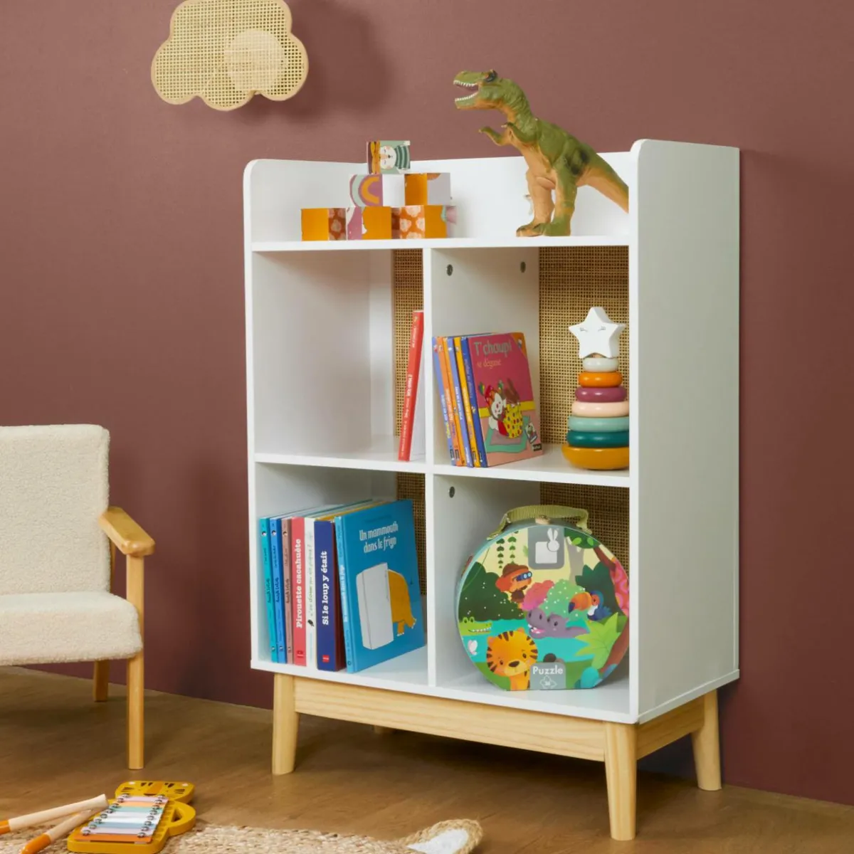 EMINZA Meuble de rangement enfant bois 4 niches (H86 cm) Stars Blanc Outlet