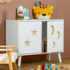 EMINZA Meuble de rangement enfant bois 2 portes (H65 cm) Stars Blanc Outlet