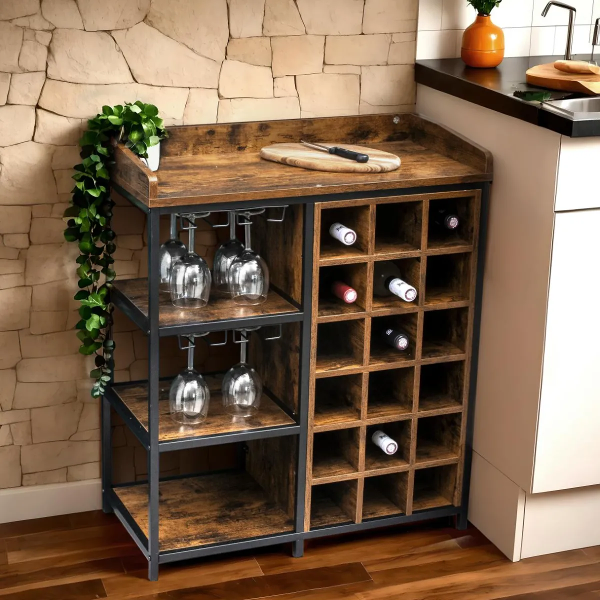 EMINZA Meuble range-bouteilles industriel 18 emplacements et porte-verres (H82 cm) Paul Marron Best