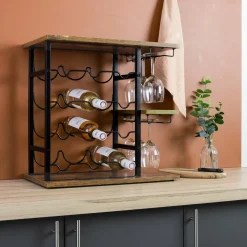 EMINZA Meuble range-bouteilles industriel 12 emplacements et porte-verres (H50 cm) Arthur Noir New