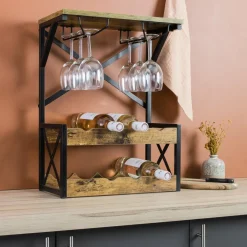 EMINZA Meuble range-bouteilles industriel 8 emplacements et porte-verres (H56 cm) Tiago Noir Outlet