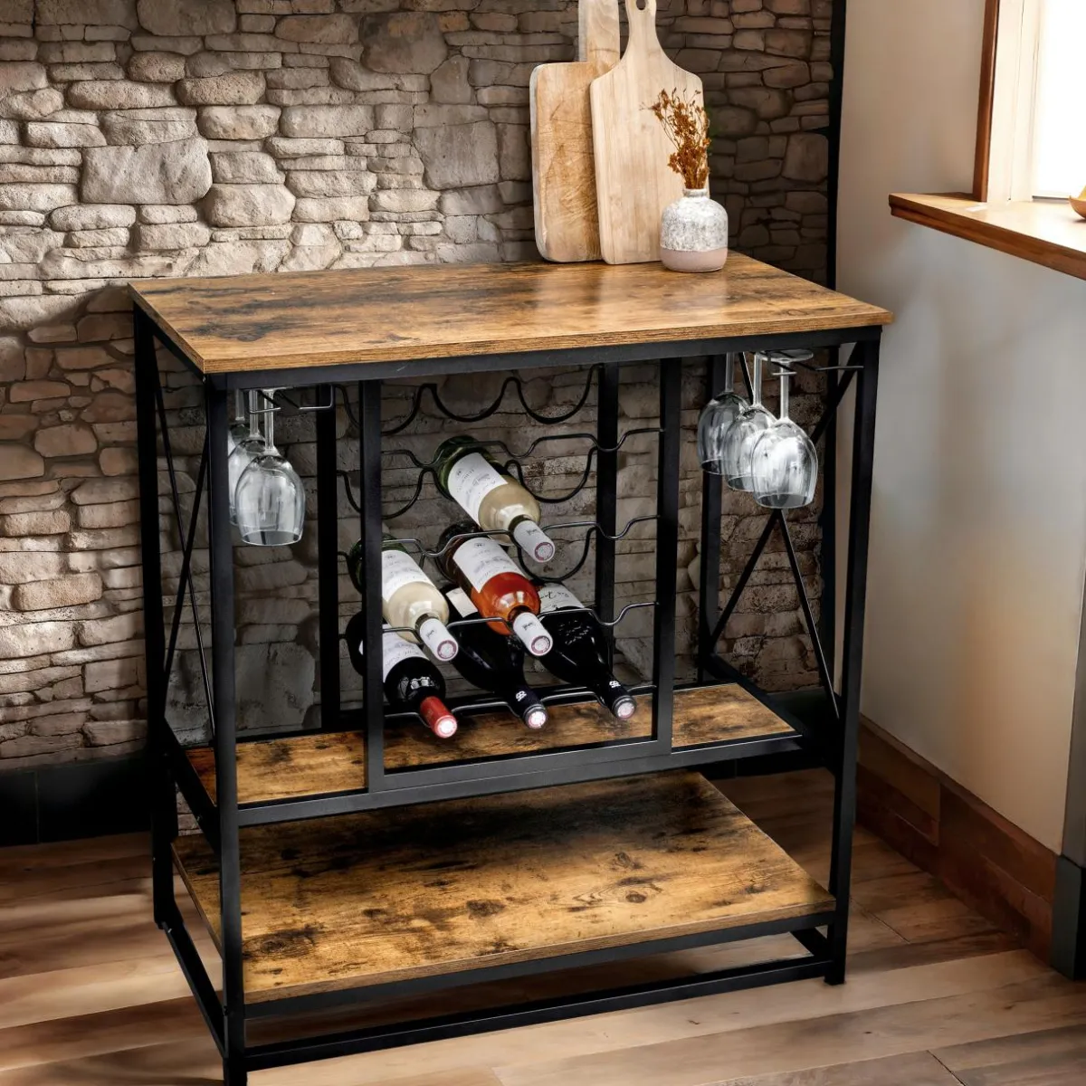 EMINZA Meuble range-bouteilles industriel 12 emplacements et porte-verres (H86 cm) Louis Marron Outlet