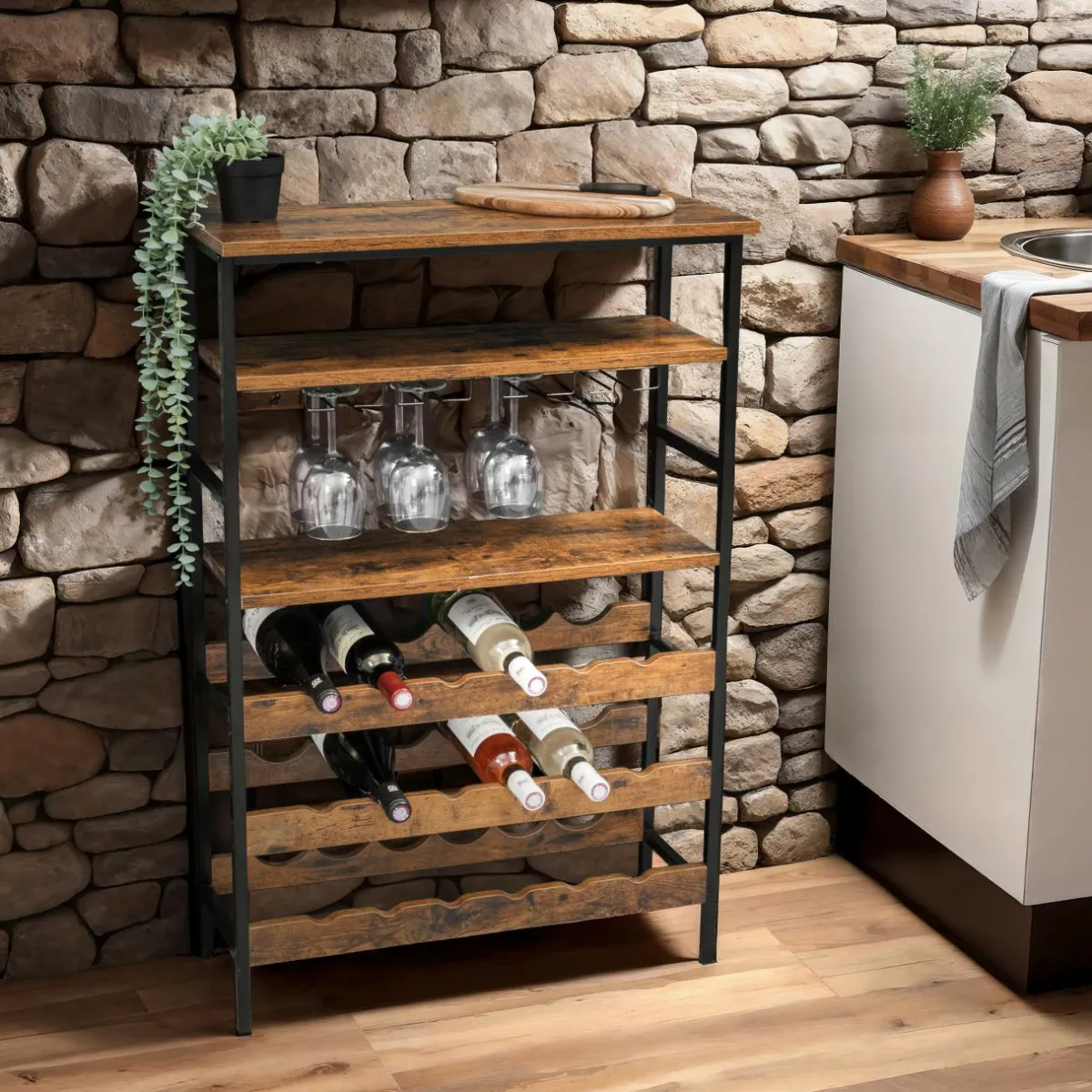 EMINZA Meuble range-bouteilles industriel 18 emplacements et porte-verres (H100 cm) Hugo Marron Best