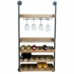 EMINZA Meuble range-bouteilles mural et métal 18 emplacements et porte-verres (H120 cm) Isaac Marron Bois