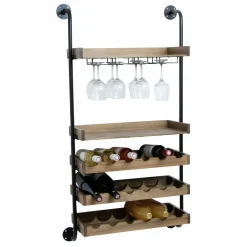 EMINZA Meuble range-bouteilles mural et métal 18 emplacements et porte-verres (H120 cm) Isaac Marron Bois