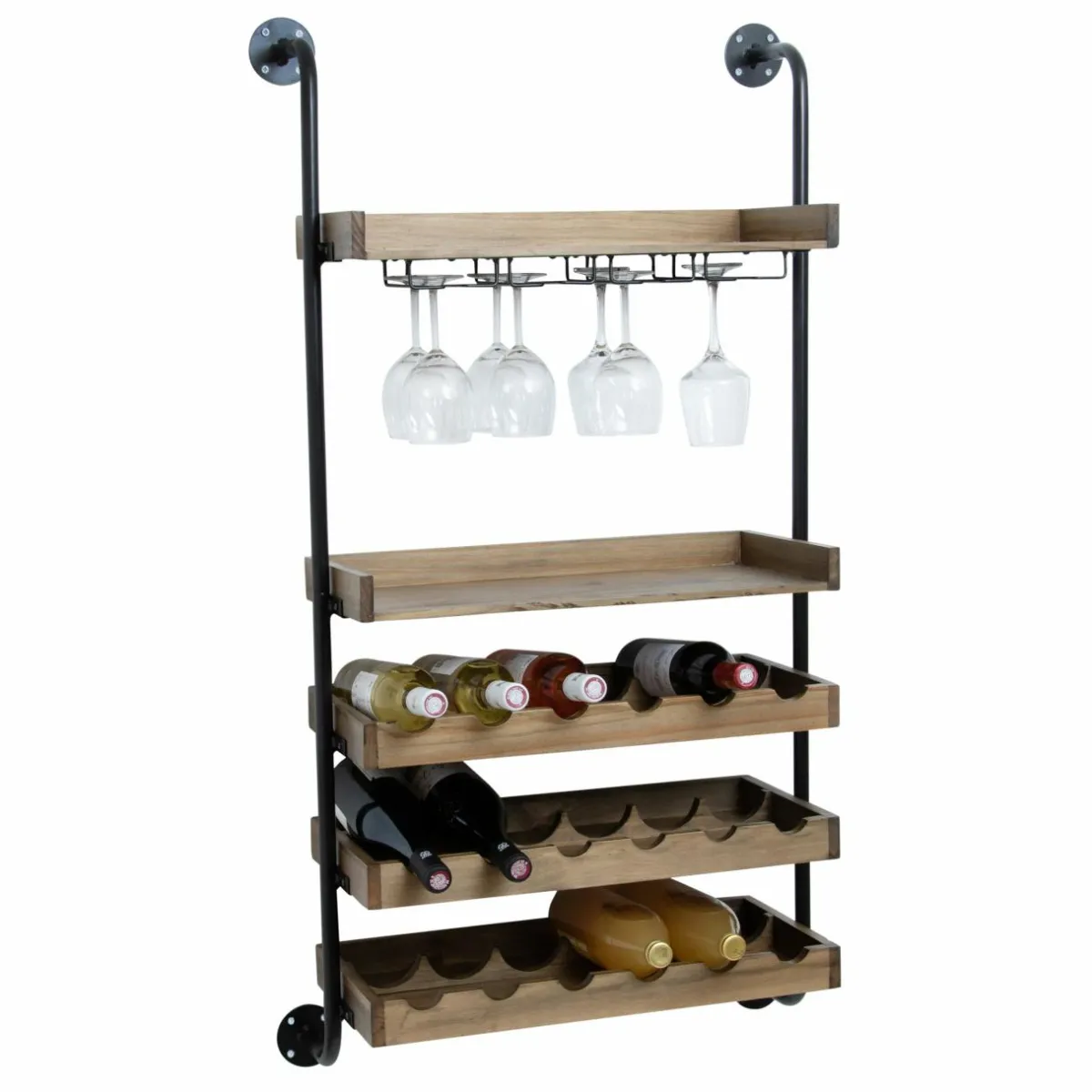 EMINZA Meuble range-bouteilles mural et métal 18 emplacements et porte-verres (H120 cm) Isaac Marron Bois