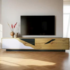 EMINZA Meuble TV en design (L180 x 40 cm) Florida Blanc, noir et naturel Bois Clearance