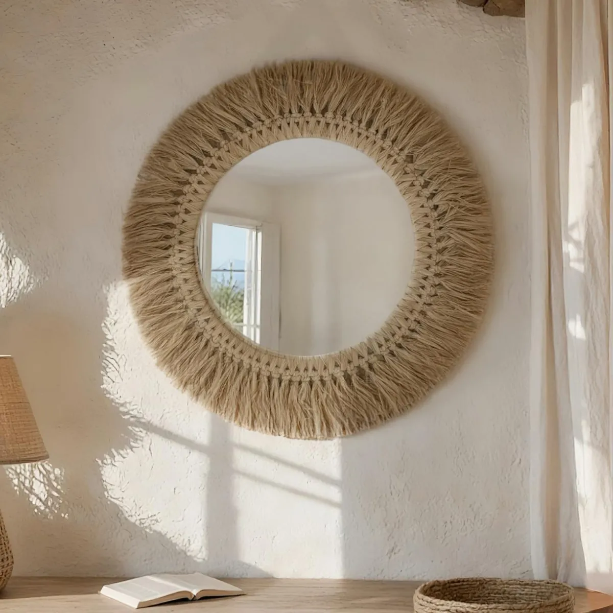 EMINZA Miroir mural rond en fibres les (D50 cm) Makira Beige Naturel