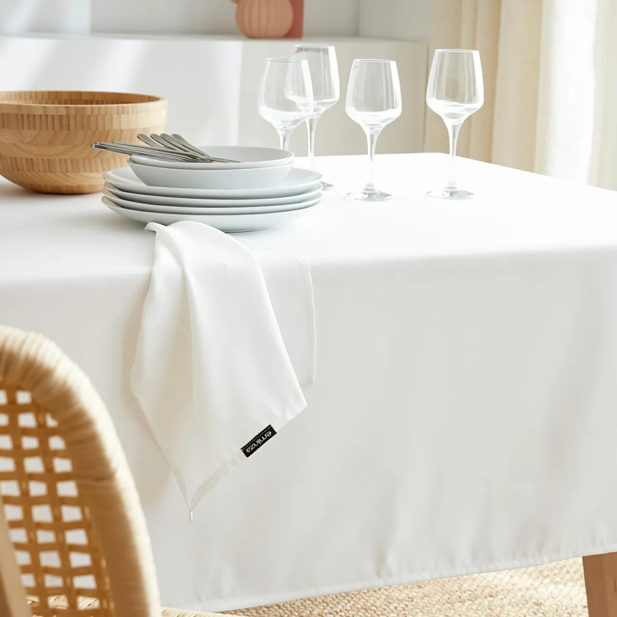EMINZA Nappe rectangulaire anti tache (140 x 350 cm) Elise he Blanc Outlet