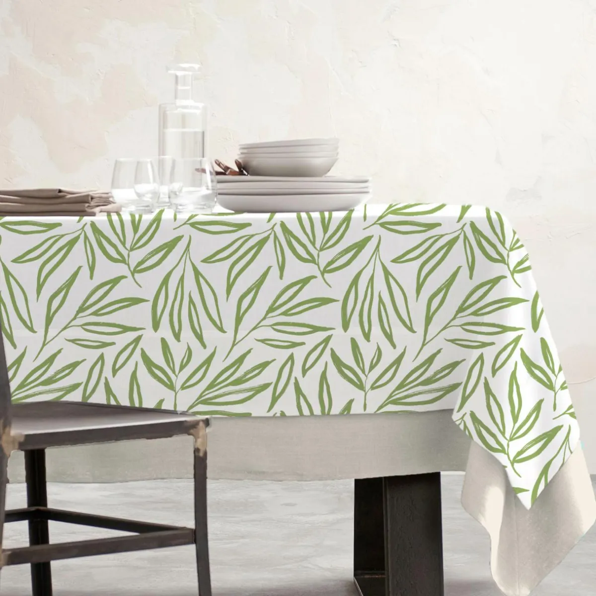 EMINZA Nappe rectangulaire coton enduit (150 x 350 cm) Galice Vert Eucalyptus Hot