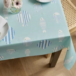 EMINZA Nappe rectangulaire coton enduit (150 x 350 cm) Fish e Bleu New