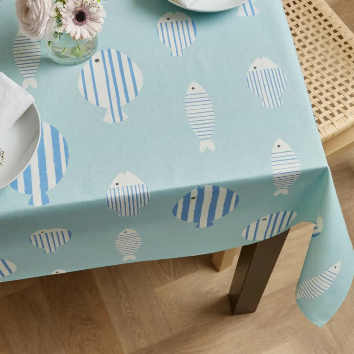 EMINZA Nappe rectangulaire coton enduit (150 x 350 cm) Fish e Bleu New