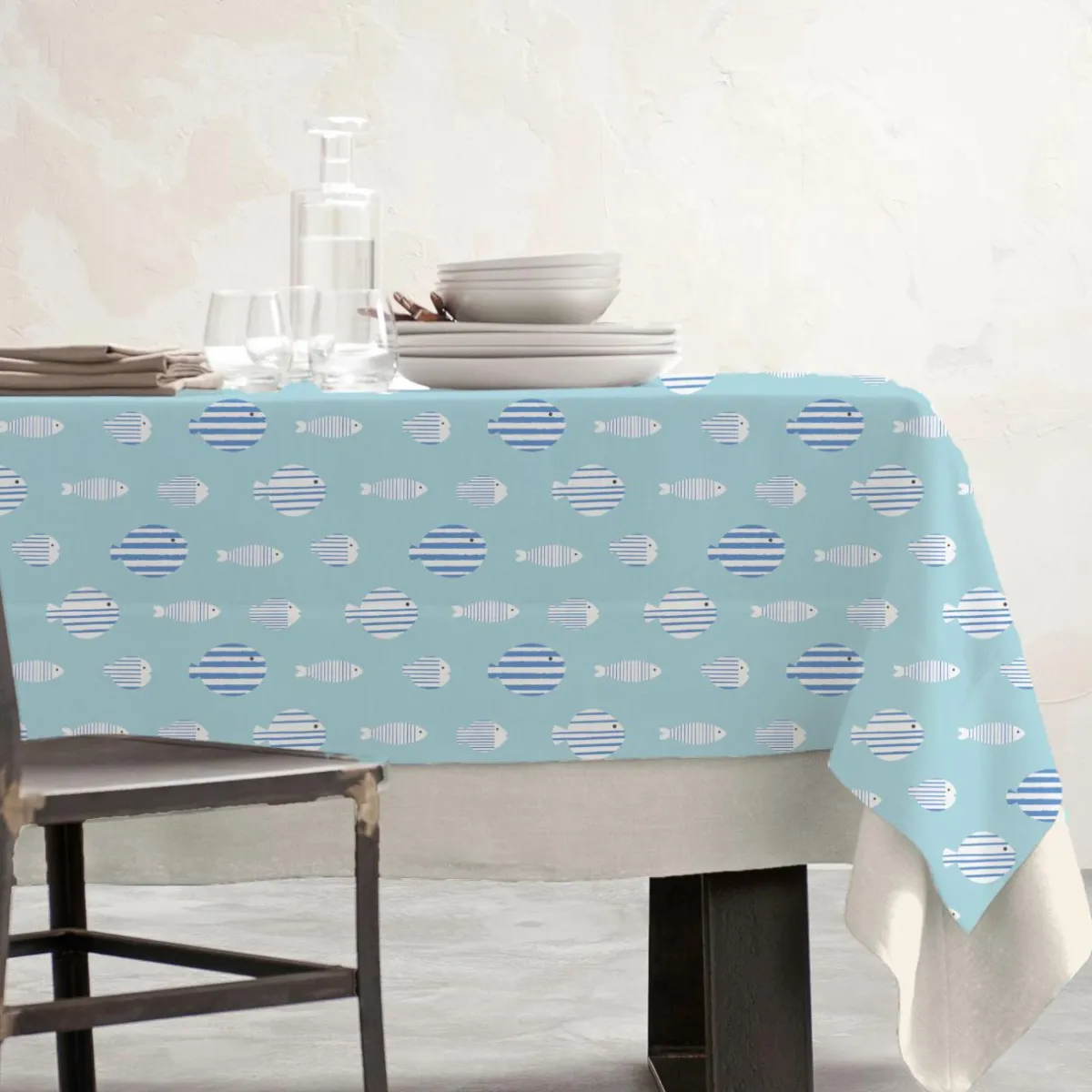 EMINZA Nappe rectangulaire coton enduit (150 x 350 cm) Fish e Bleu New