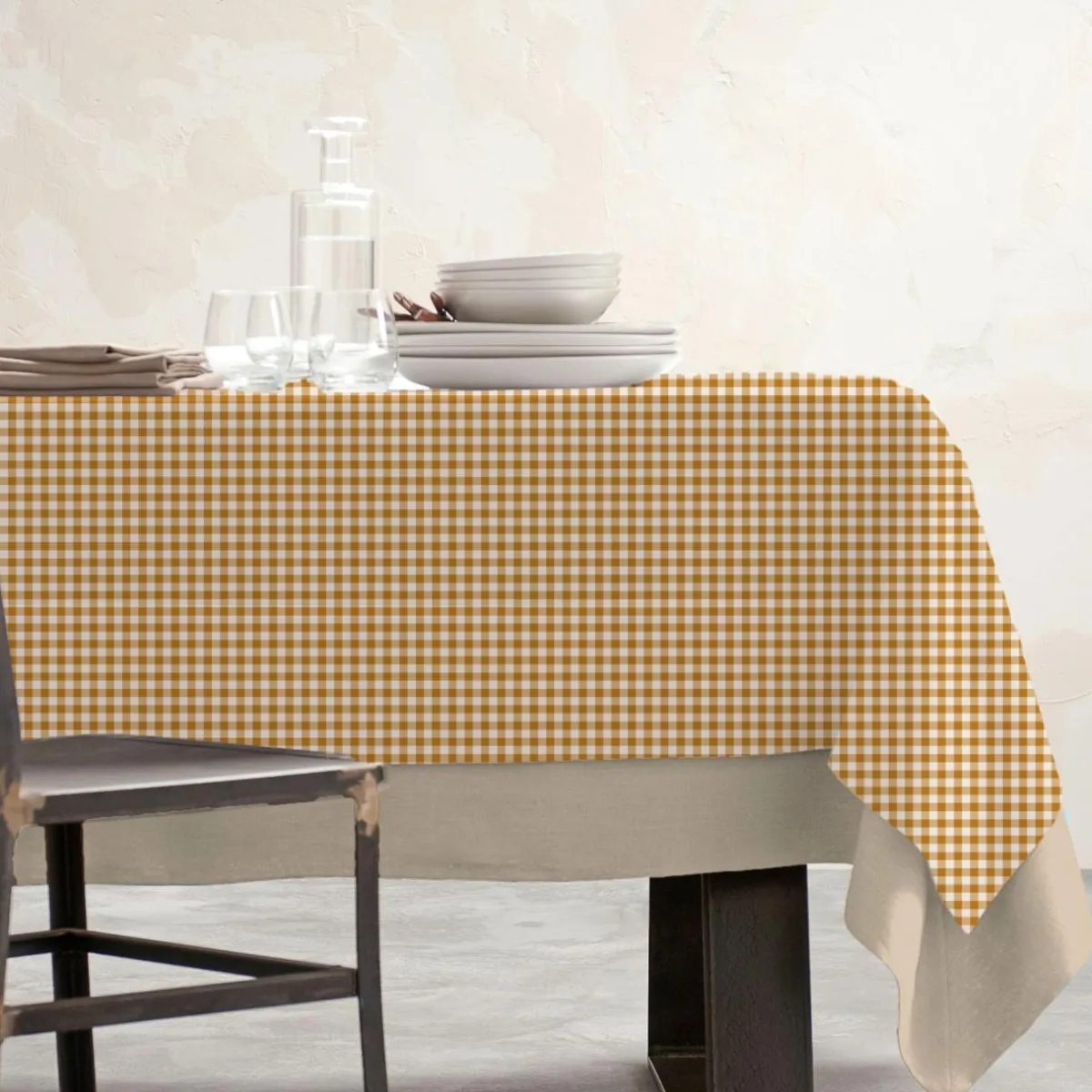 EMINZA Nappe rectangulaire coton enduit (150 x 350 cm) Vichy Jaune moutarde Clearance