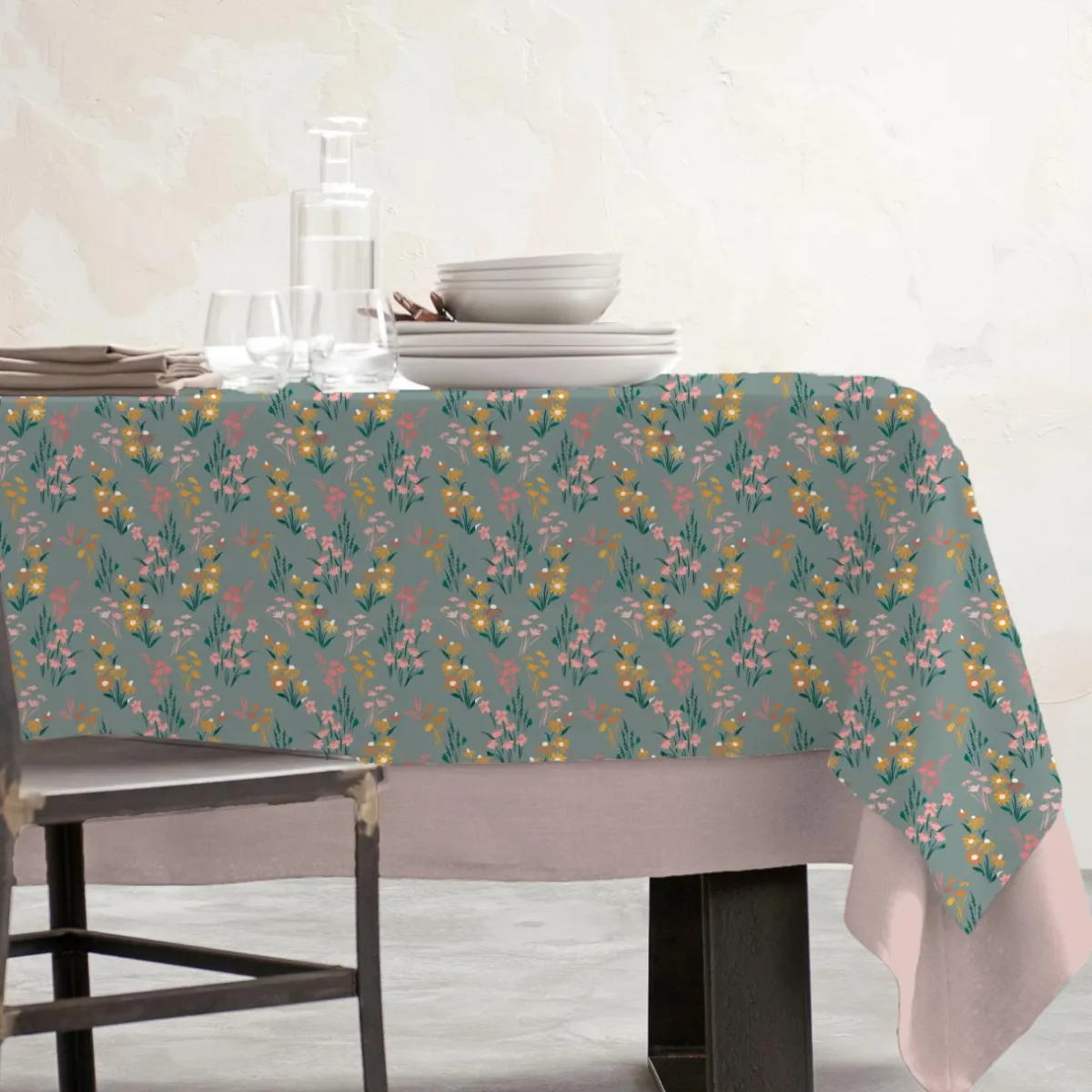 EMINZA Nappe rectangulaire coton enduit (150 x 350 cm) Juliette Vert Eucalyptus New