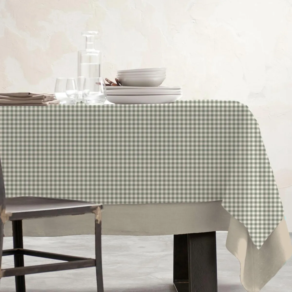 EMINZA Nappe rectangulaire coton enduit (150 x 350 cm) Vichy Vert sauge Outlet