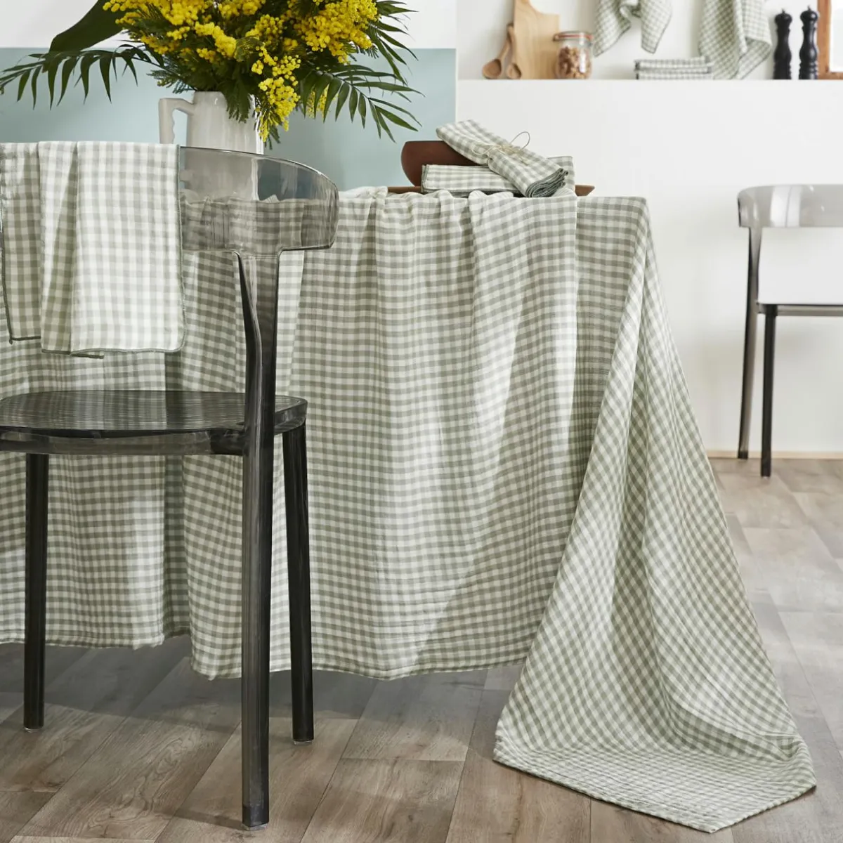 EMINZA Nappe rectangulaire gaze de coton (150 x 250 cm) Gaïa vichy Vert Eucalyptus Hot
