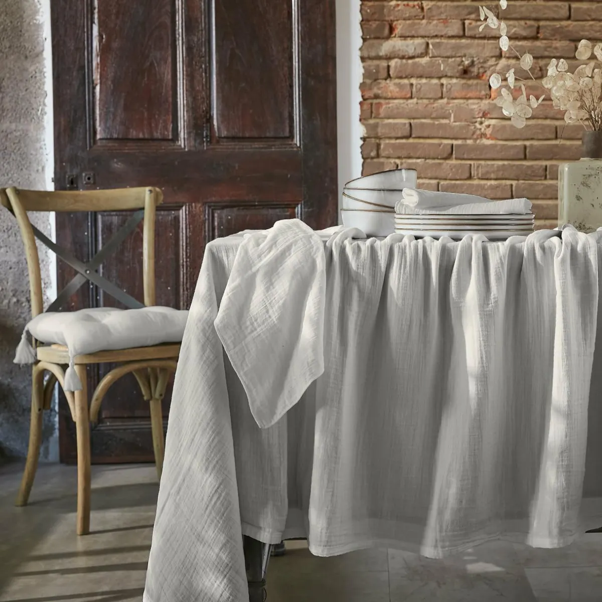 EMINZA Nappe rectangulaire gaze de coton (150 x 350 cm) Gaïa Gris nuage Gris clair Sale