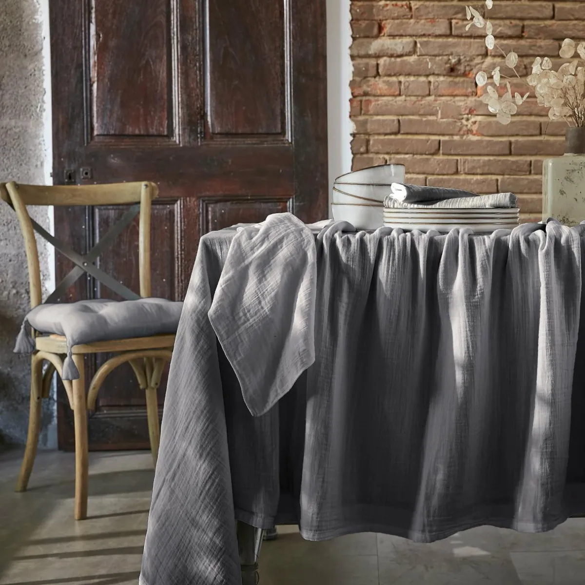 EMINZA Nappe rectangulaire gaze de coton (150 x 250 cm) Gaïa Gris granit Gris foncé Clearance