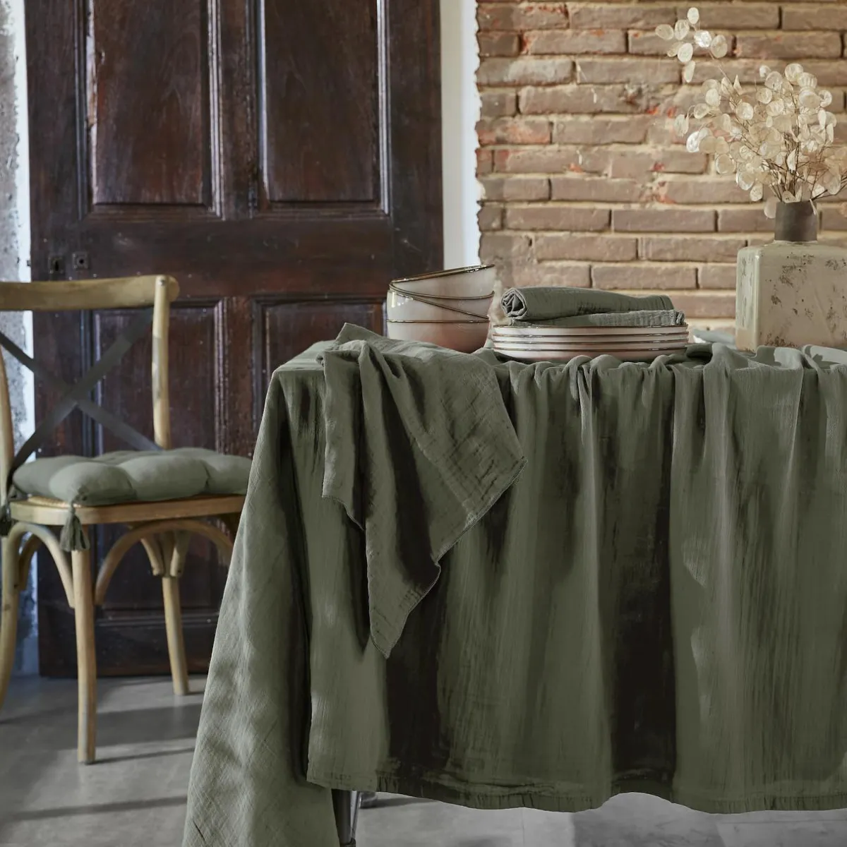 EMINZA Nappe rectangulaire gaze de coton (150 x 250 cm) Gaïa Vert romarin Outlet
