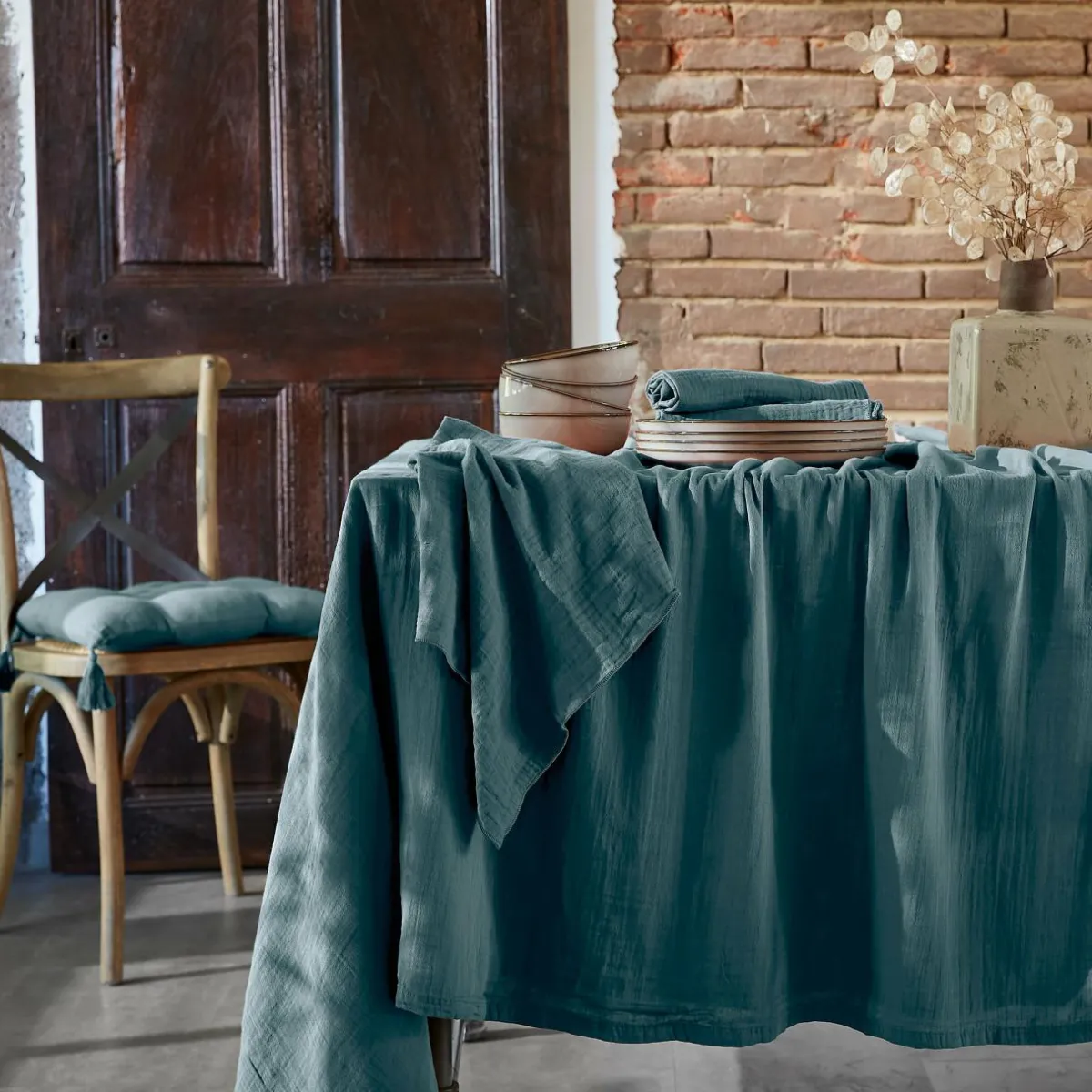 EMINZA Nappe rectangulaire gaze de coton (150 x 350 cm) Gaïa Bleu canard New