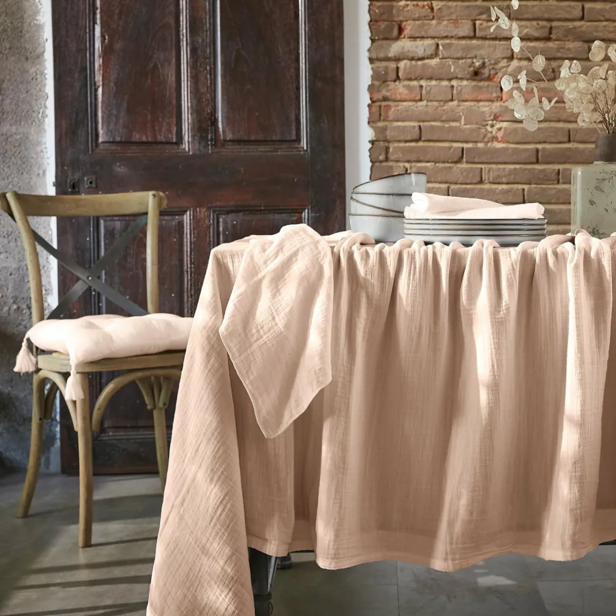EMINZA Nappe rectangulaire gaze de coton (150 x 350 cm) Gaïa Rose poudré Discount