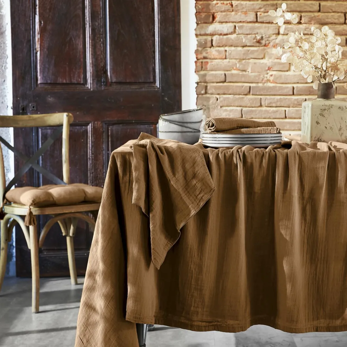 EMINZA Nappe rectangulaire gaze de coton (150 x 350 cm) Gaïa Camel Discount