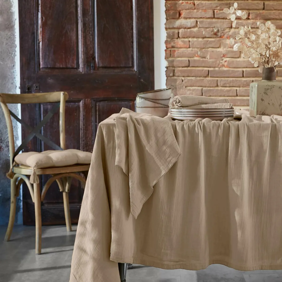 EMINZA Nappe rectangulaire gaze de coton (150 x 250 cm) Gaïa Ficelle Discount