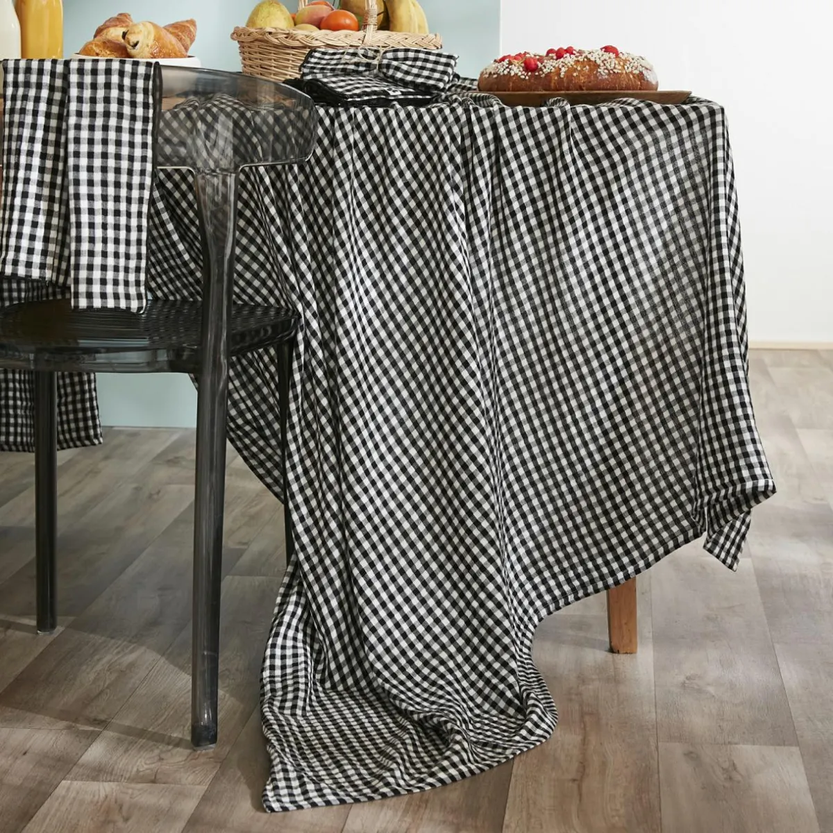 EMINZA Nappe rectangulaire gaze de coton (150 x 350 cm) Gaïa vichy e Noir Outlet
