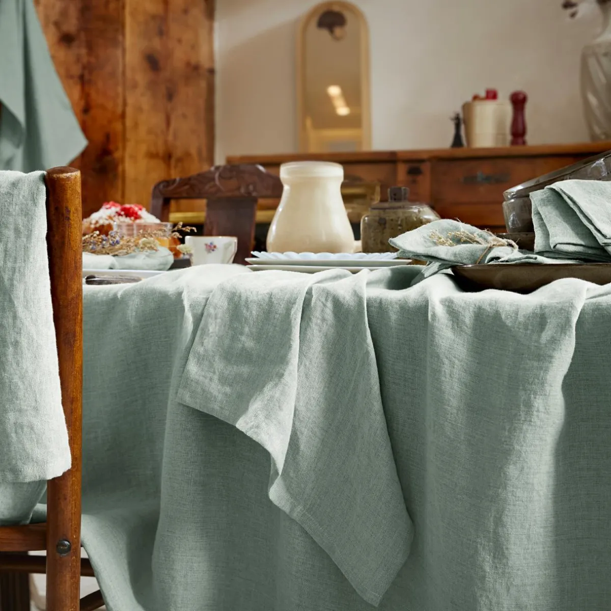EMINZA Nappe rectangulaire lin lavé (170 x 250 cm) Louise Vert Eucalyptus Online