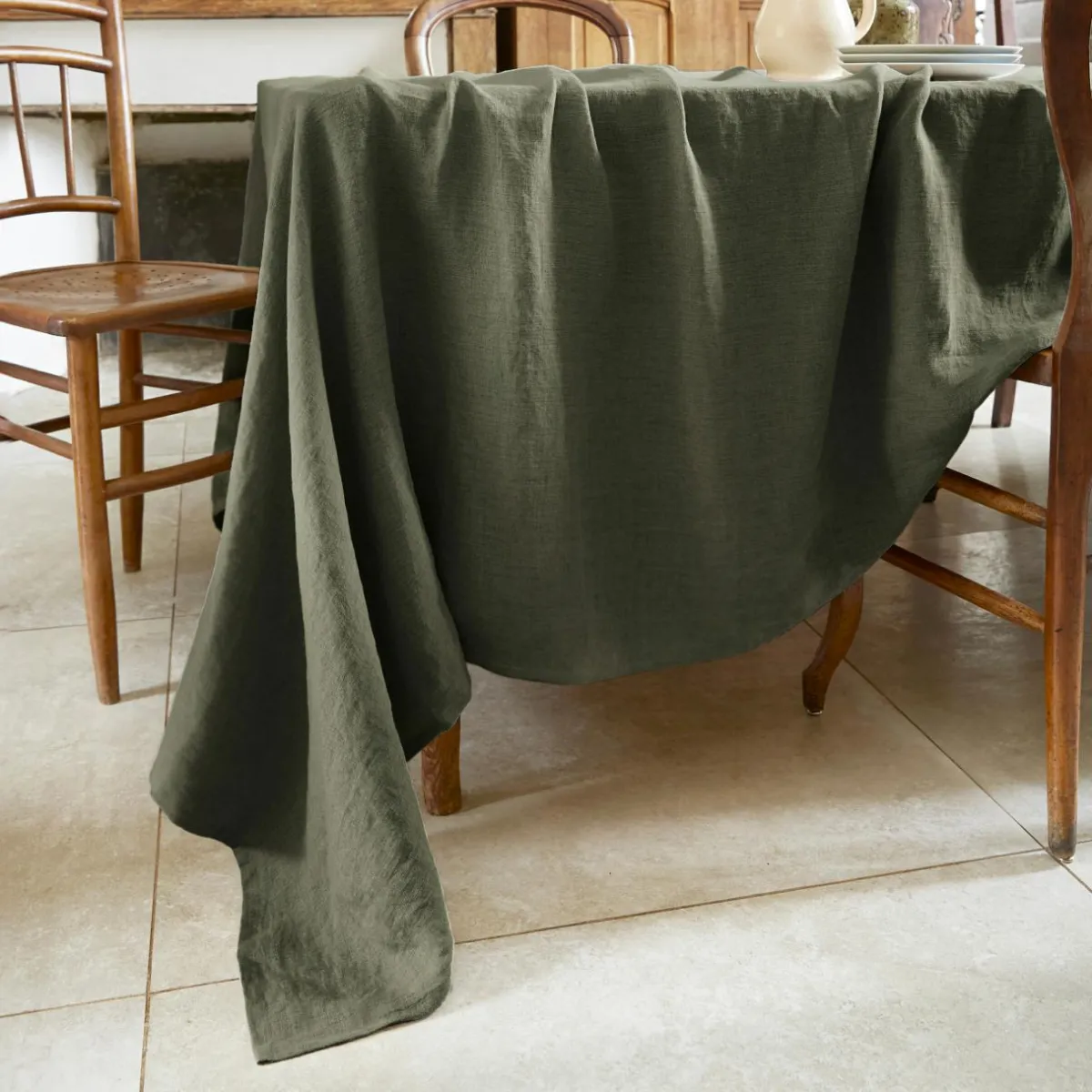 EMINZA Nappe rectangulaire lin lavé (170 x 350 cm) Louise Vert romarin New