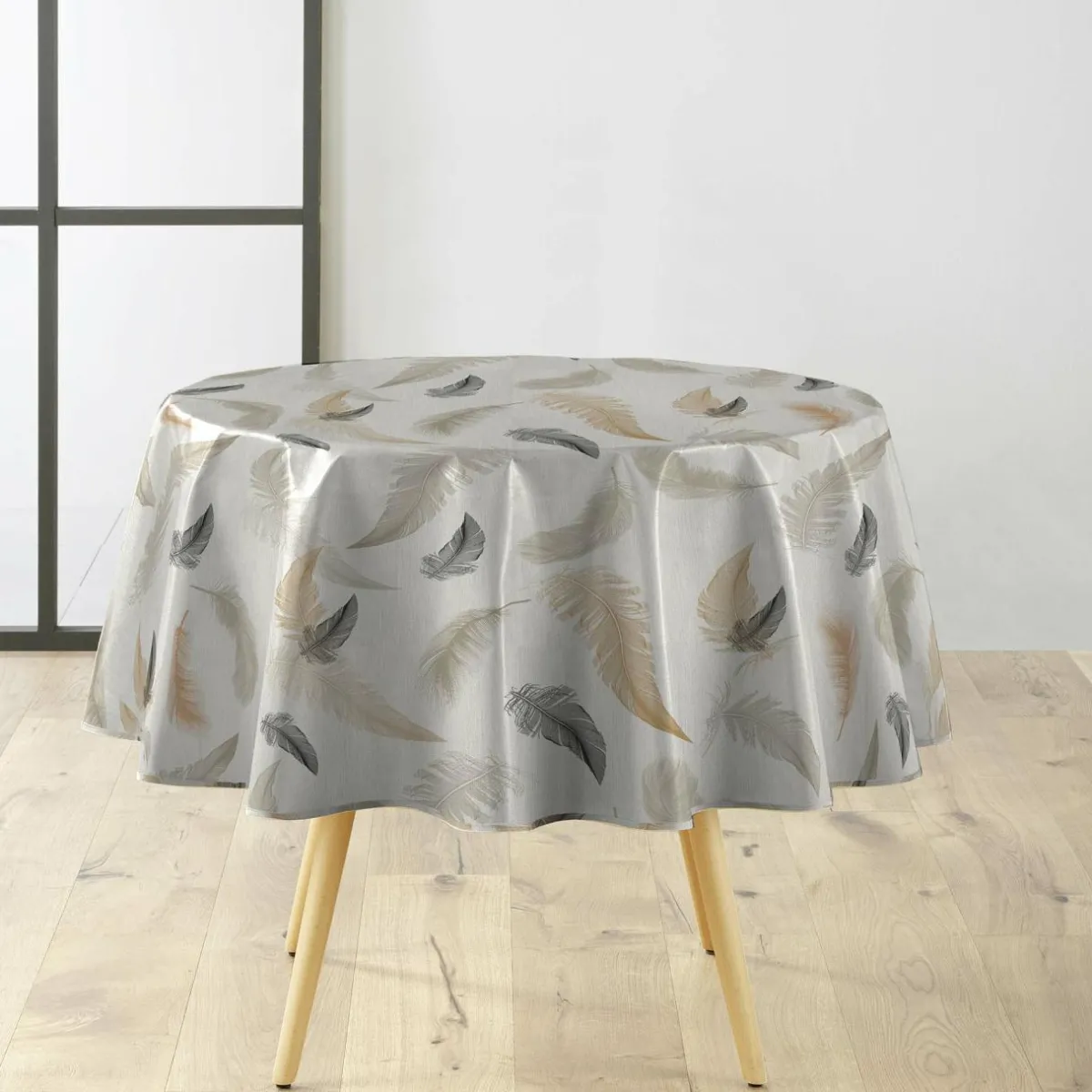 douceur d'intu017drieur Nappe ronde anti tache tissu PVC imperméable (D160 cm) Folea Taupe