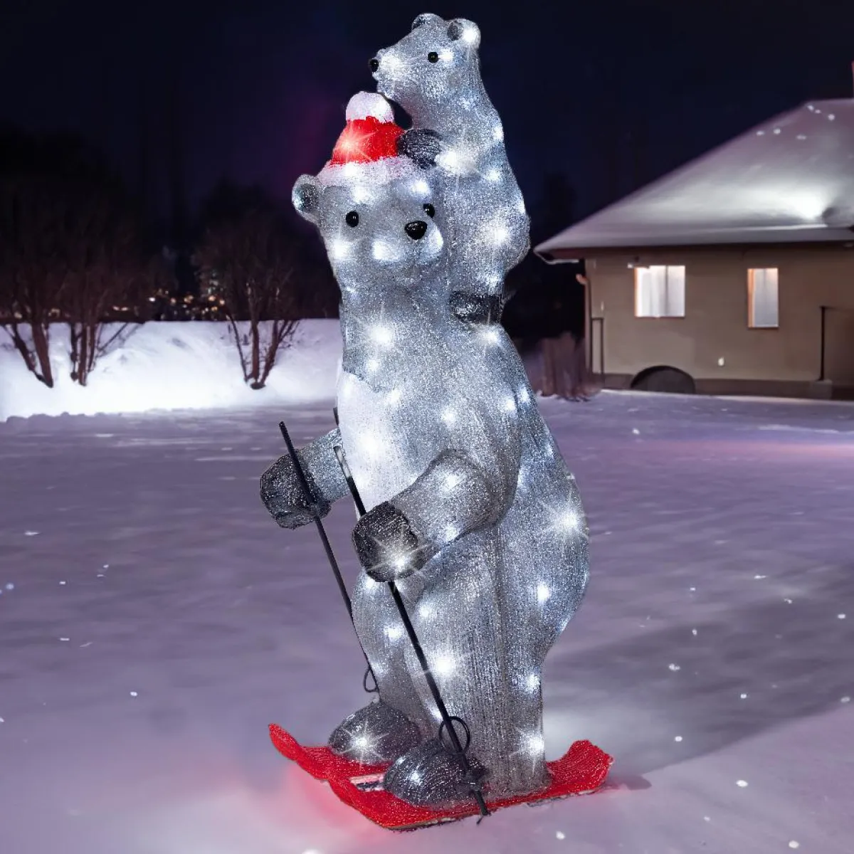 EMINZA Ours polaires lumineux 100 LED (H69 cm) Grizzly en ski Gris et Blanc froid Best