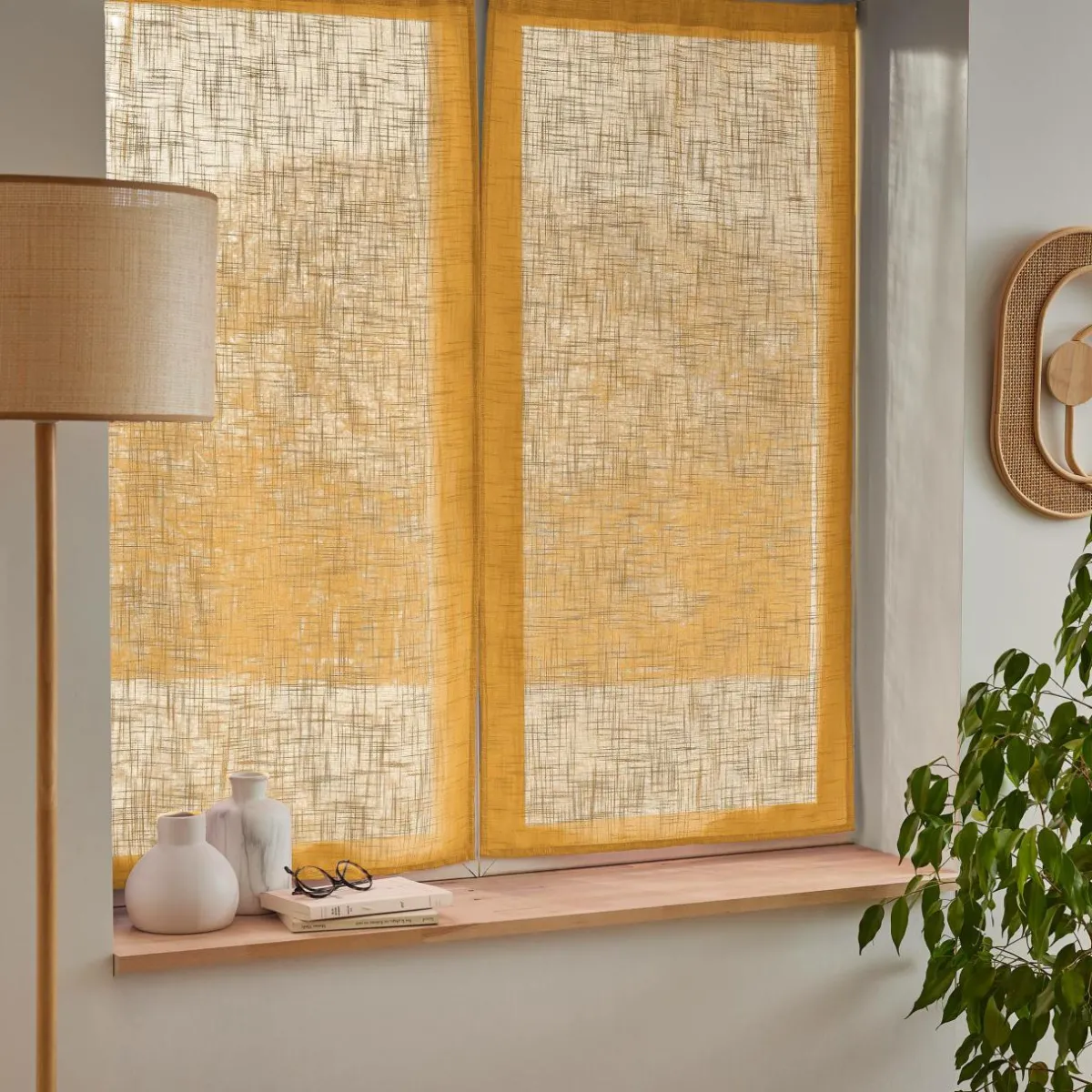 EMINZA Paire de voilages passe-tringle effet lin (60 x 90 cm) Robin Jaune ocre Hot