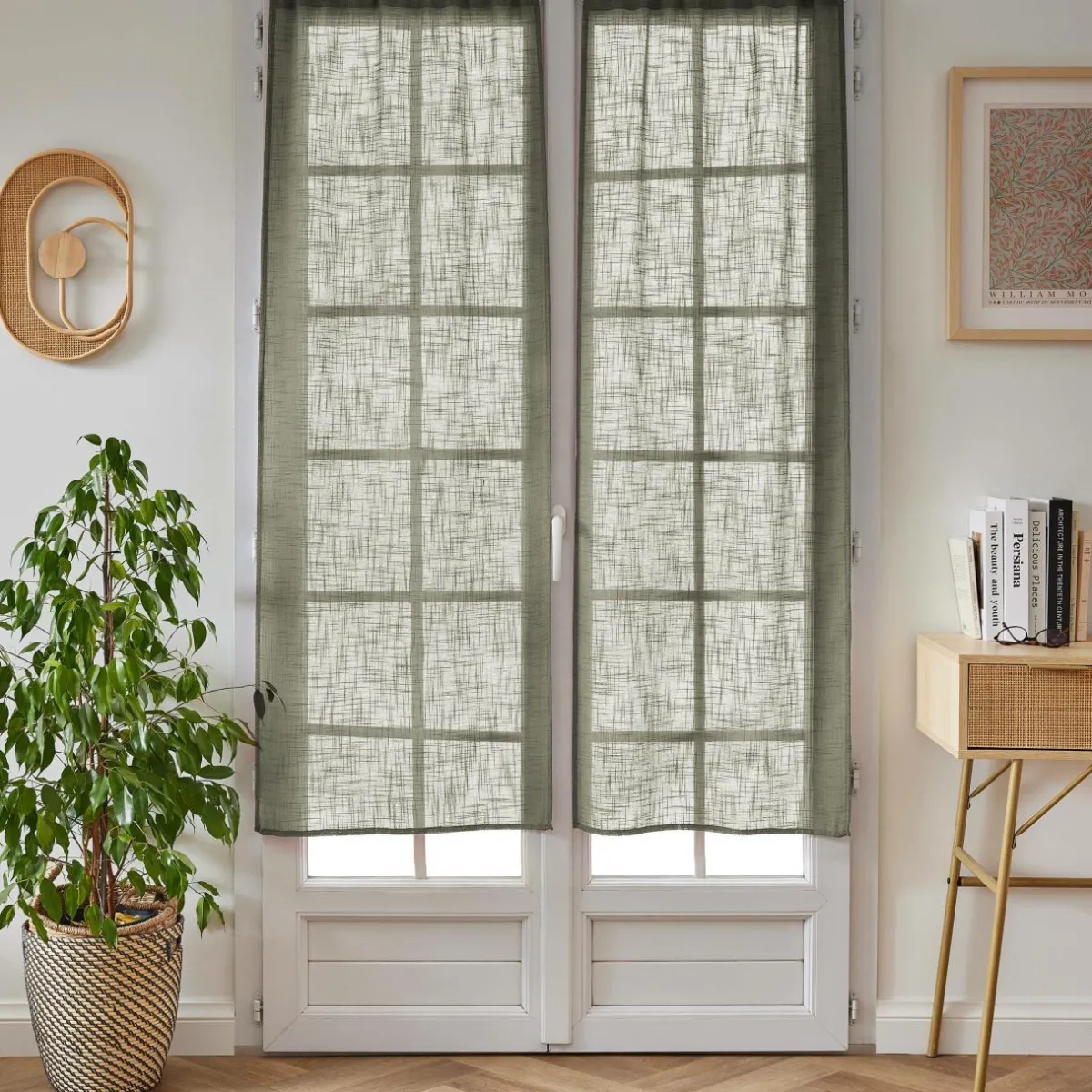 EMINZA Paire de voilages passe-tringle effet lin (60 x 160 cm) Robin Vert romarin Online