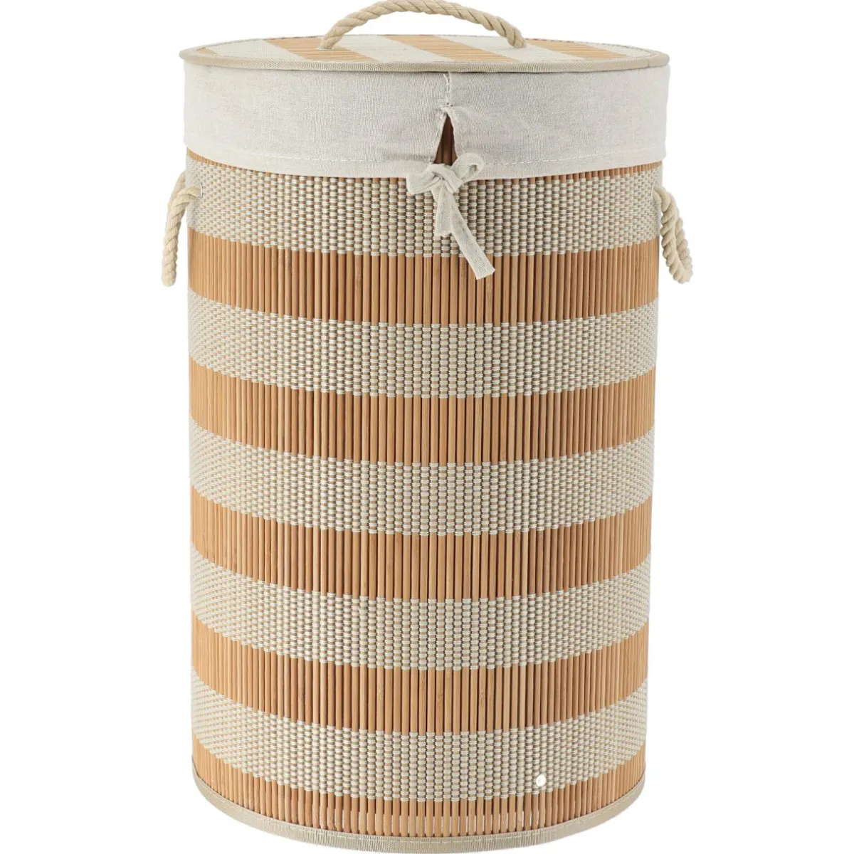 TENDANCE Panier à linge rond et pliable (H55 cm) Bambou et beige Naturel Discount
