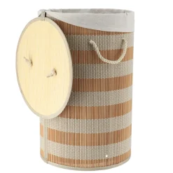 TENDANCE Panier à linge rond et pliable (H55 cm) Bambou et beige Naturel Discount