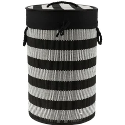 TENDANCE Panier à linge rond et pliable (H55 cm) Bambou Noir et blanc Noir cendré