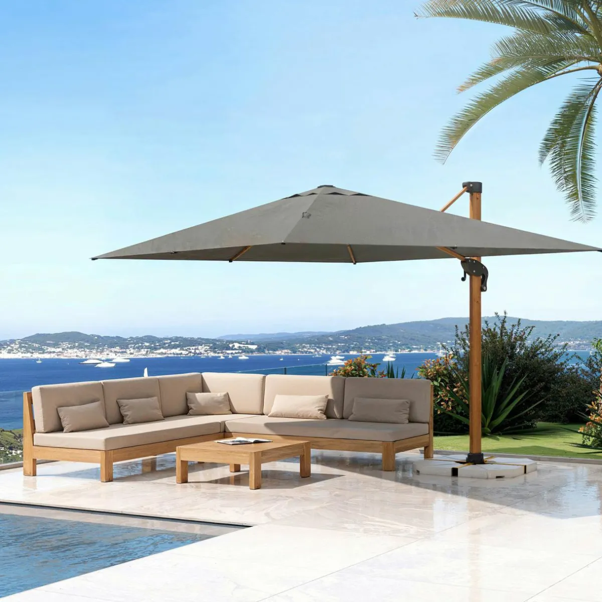 MOBELLIA Parasol déporté rectangulaire aluminium (4 x 3 m) Yucatan effet Bois et gris anthracite Effet bois - gris anthracite Hot
