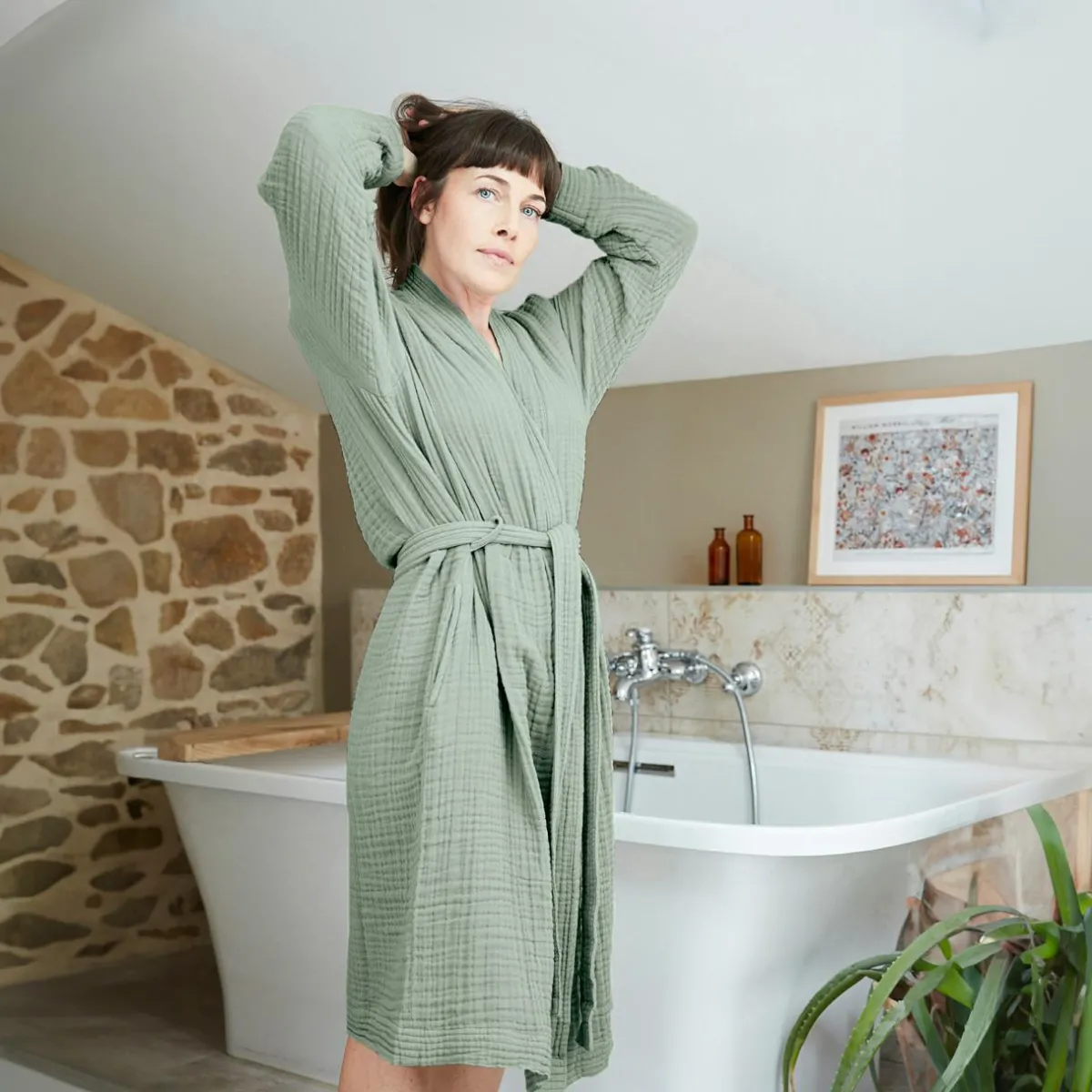EMINZA Peignoir de bain gaze de coton L/XL Gaïa Vert Eucalyptus