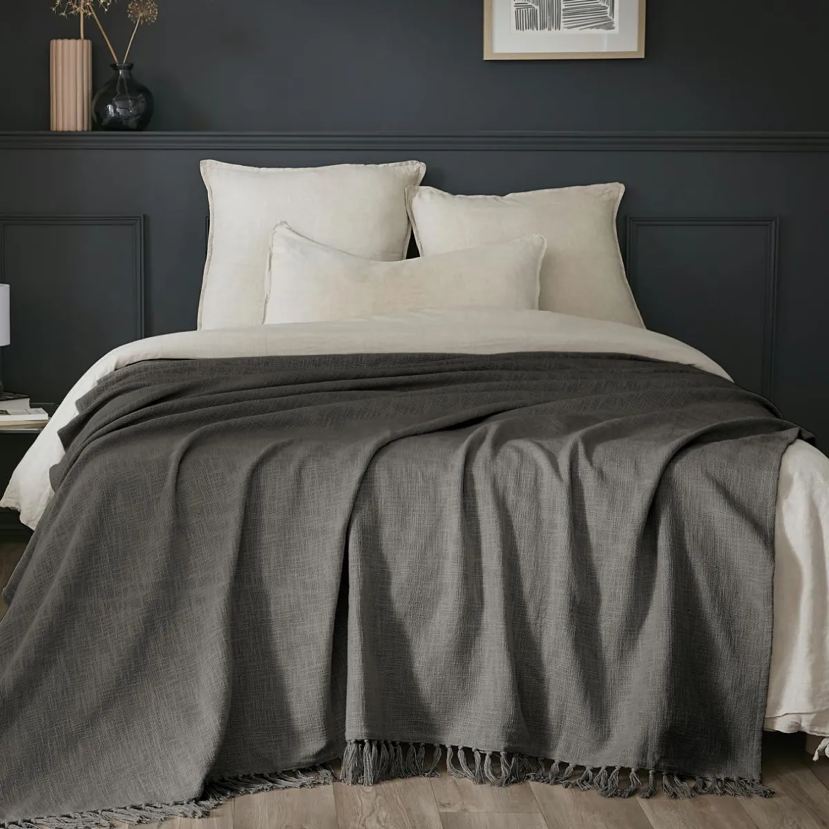L'EFFET PAPILLON Plaid coton (180 x 220 cm) Sixtine Gris ardoise Gris foncé