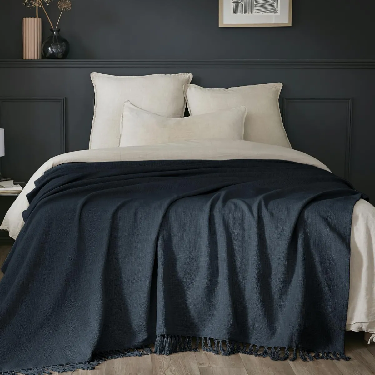 L'EFFET PAPILLON Plaid coton (180 x 220 cm) Sixtine Bleu nuit Clearance