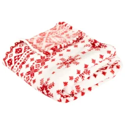JJA Plaid de Noël (180 x 130 cm) Flocons de neige et blanc Rouge