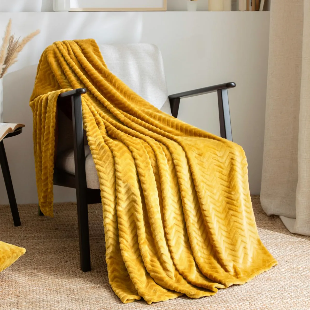 EMINZA Plaid doux flanelle (130 x 180 cm) Zag Jaune moutarde Online