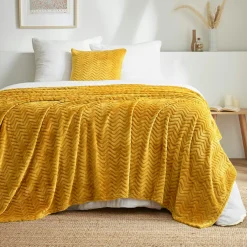 EMINZA Plaid doux flanelle (180 x 230 cm) Zag Jaune moutarde Sale