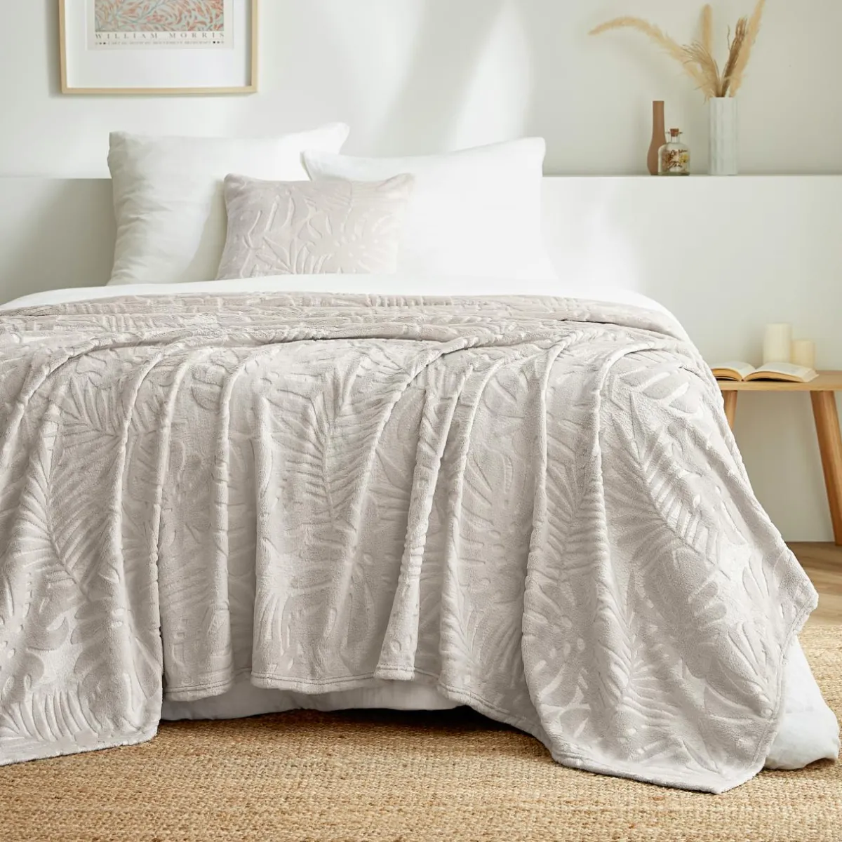 EMINZA Plaid doux flanelle (220 x 240 cm) Flore Ecru Outlet